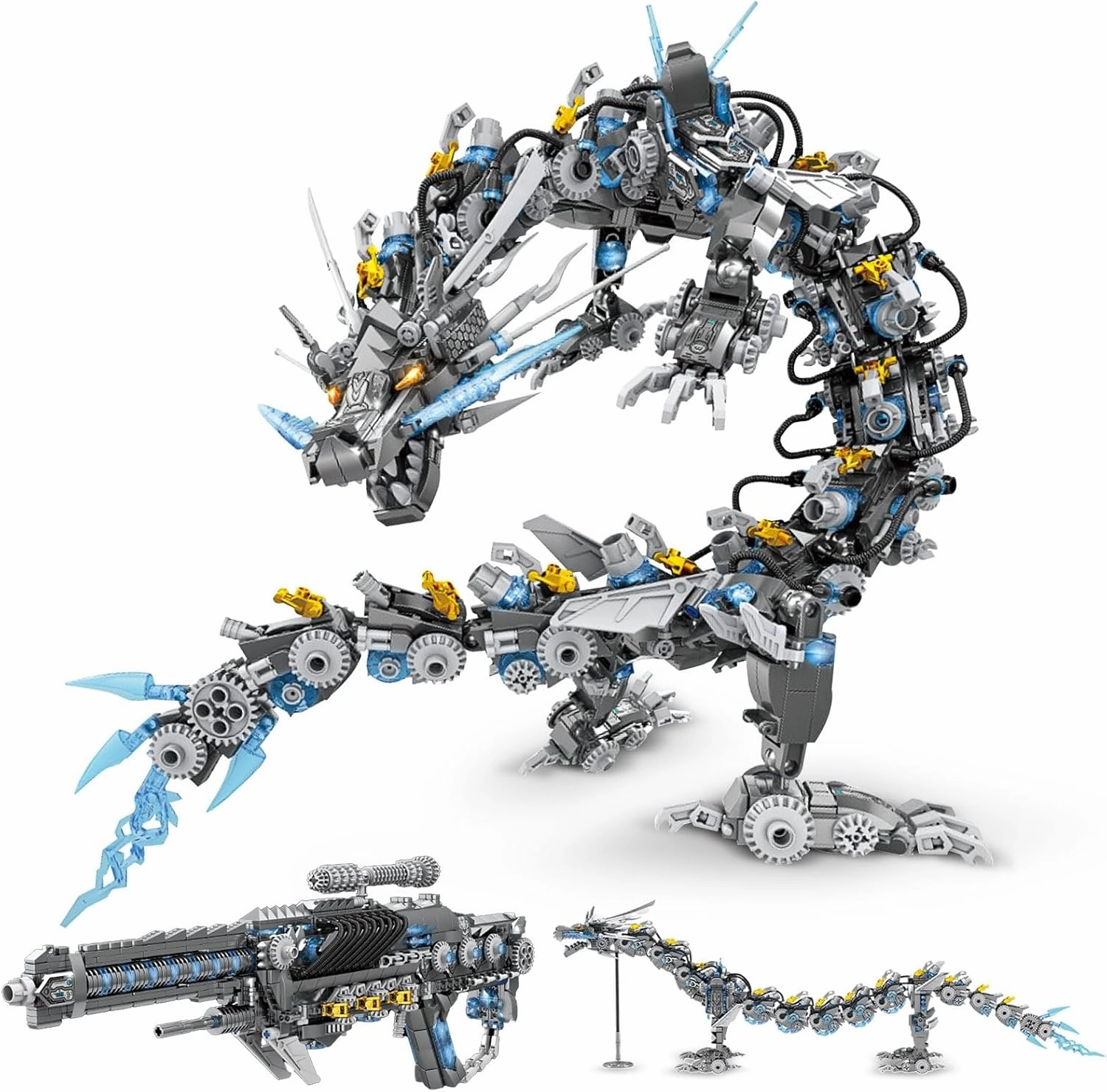 Dragon Building Blocks Sets for Adults, 2 in 1 Grey Mechanical Dragon Animal Building Model Collectible Display Toys, Cool Creative Gifts for Boys Teens Fans (1390 Pcs)