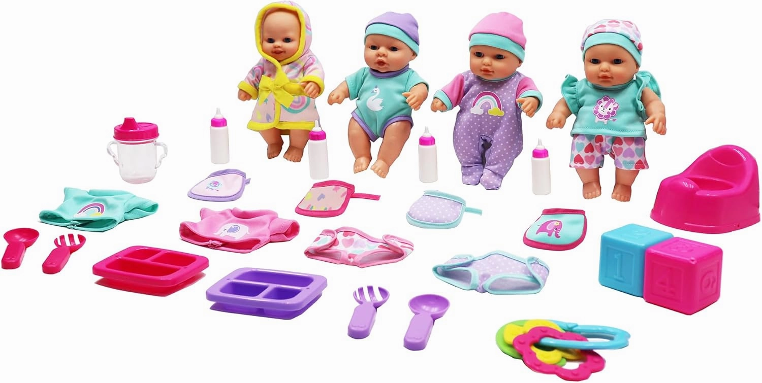 Dream Collection: All Occasions Baby Set - Pastel - 4 Lifelike 7" Baby Doll Friends, Mix & Match Clothing, Feeding Accessories, Bath Toys, Kids Age 2 