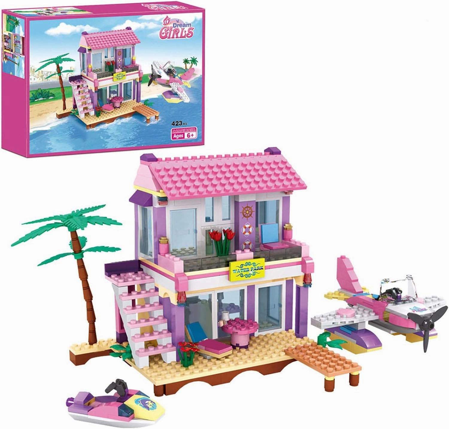 Dream Girls Blocks Friends Building Set Big Beach Villa with Plane and Jet Ski Fun Preschool Educational toys for Boys and Girls 423Pcs