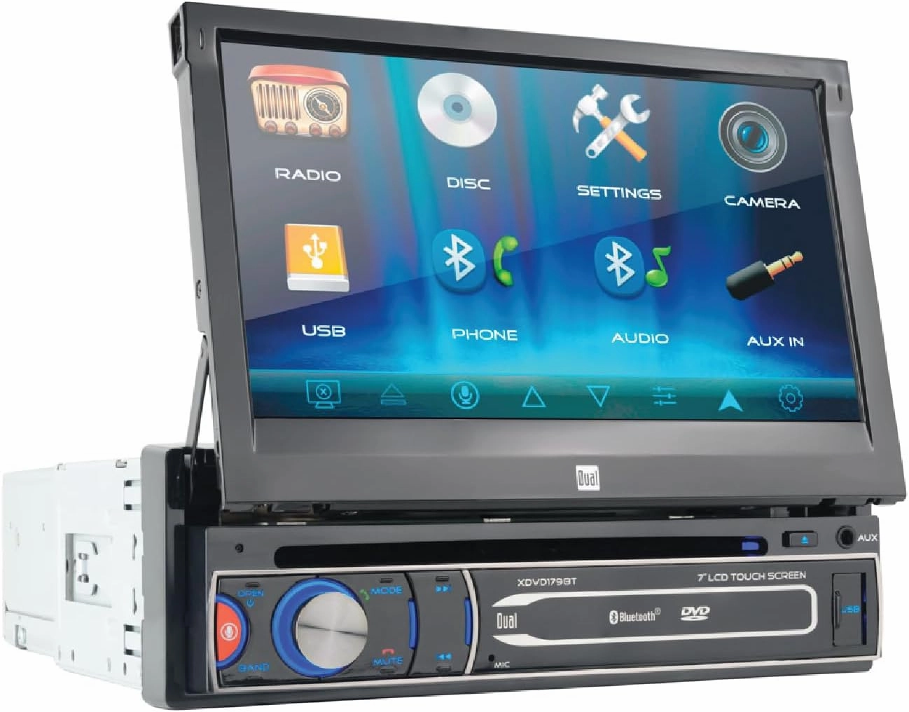 Dual Electronics XDVD179BT 7-inch Motorized Flip Out LED Media Touch Screen Single DIN Car Stereo Radio | CD/DVD | Push to Talk Assistant | Backup Camera Input | Bluetooth | USB Playback and Charge