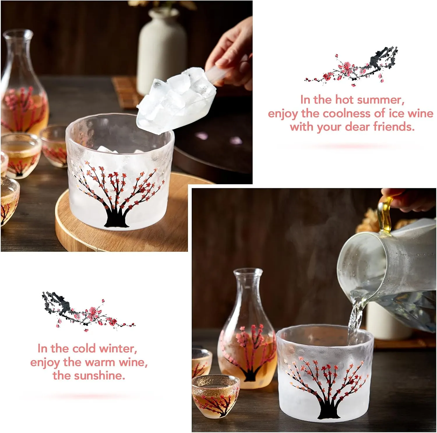 DUJUST Japanese Sake Set for 4, Handcraft Pink Cherry Blossoms Design, 1 Sake Bottle, 1 Sake Tank and 4 Sake Cups, Cold/Warm/Hot Sake Carafe, Special Japanese Gifts Set - 6 pcs