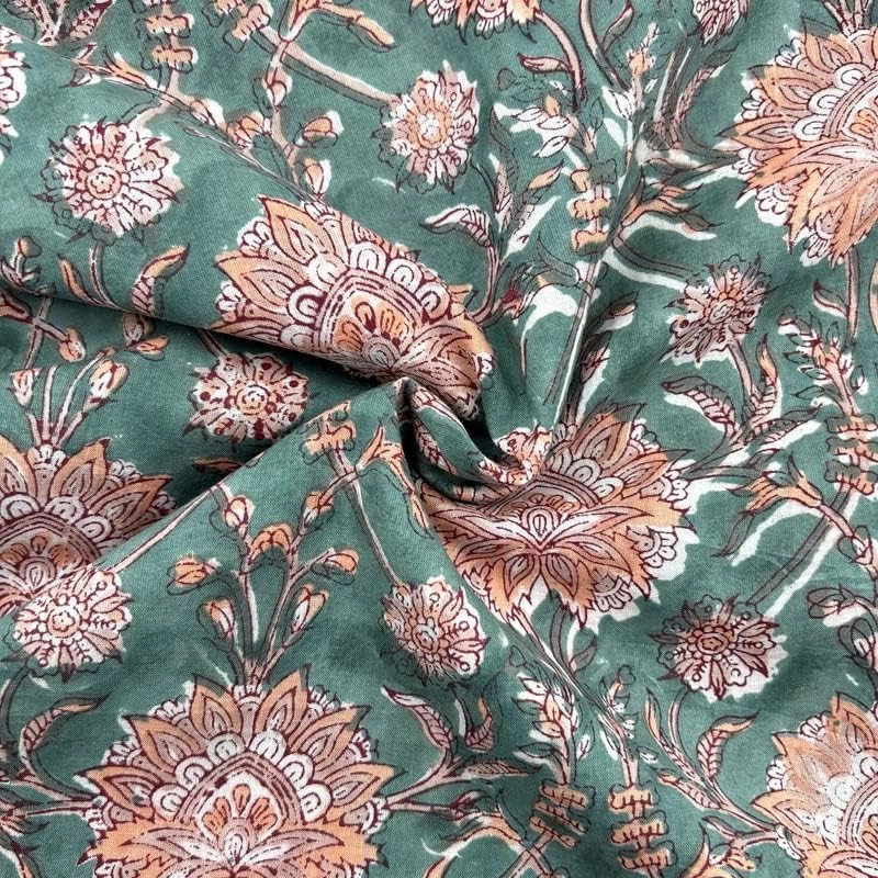 E-Tailor® Indian Handmade Ethnic 100% Cotton Running Hand Block Print Natural Fabric for Dressmaking, Sewing, Crafting, Upholestry Fabric by The Yards (Jungle Green, 3 Yards)