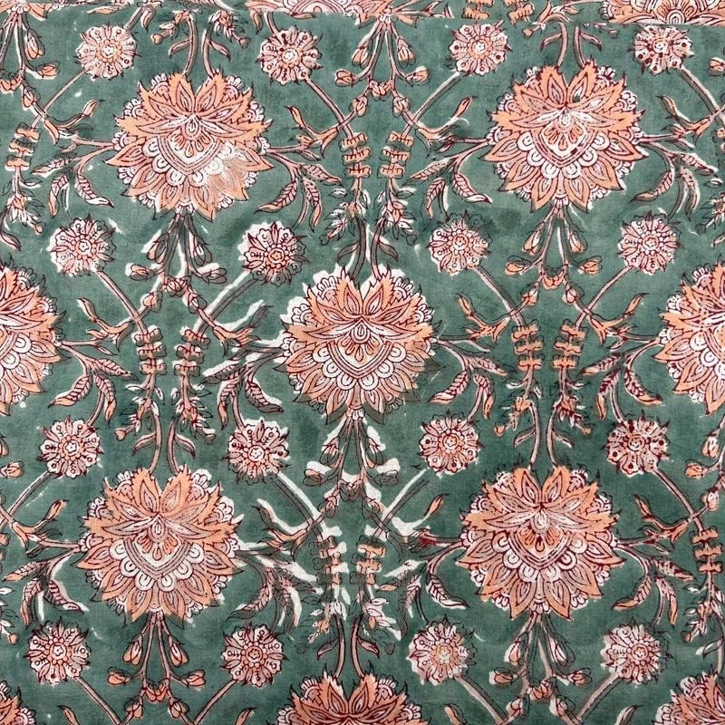 E-Tailor® Indian Handmade Ethnic 100% Cotton Running Hand Block Print Natural Fabric for Dressmaking, Sewing, Crafting, Upholestry Fabric by The Yards (Jungle Green, 3 Yards)