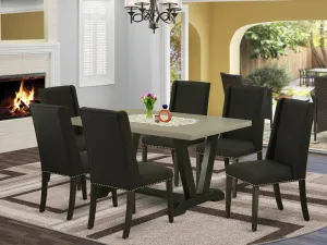 East West Furniture V696FL624-7 7 Piece Kitchen Table Set Consist of a Rectangle Dining Table with V-Legs and 6 Black Linen Fabric Parson Dining Room Chairs, 36x60 Inch, Multi-Color