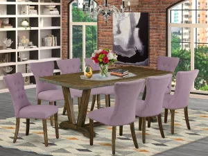 East West Furniture V777GA740-9 9 Piece Dining Table Set Includes a Rectangle Dining Room Table with V-Legs and 8 Dahlia Linen Fabric Upholstered Parson Chairs, 40x72 Inch, Multi-Color