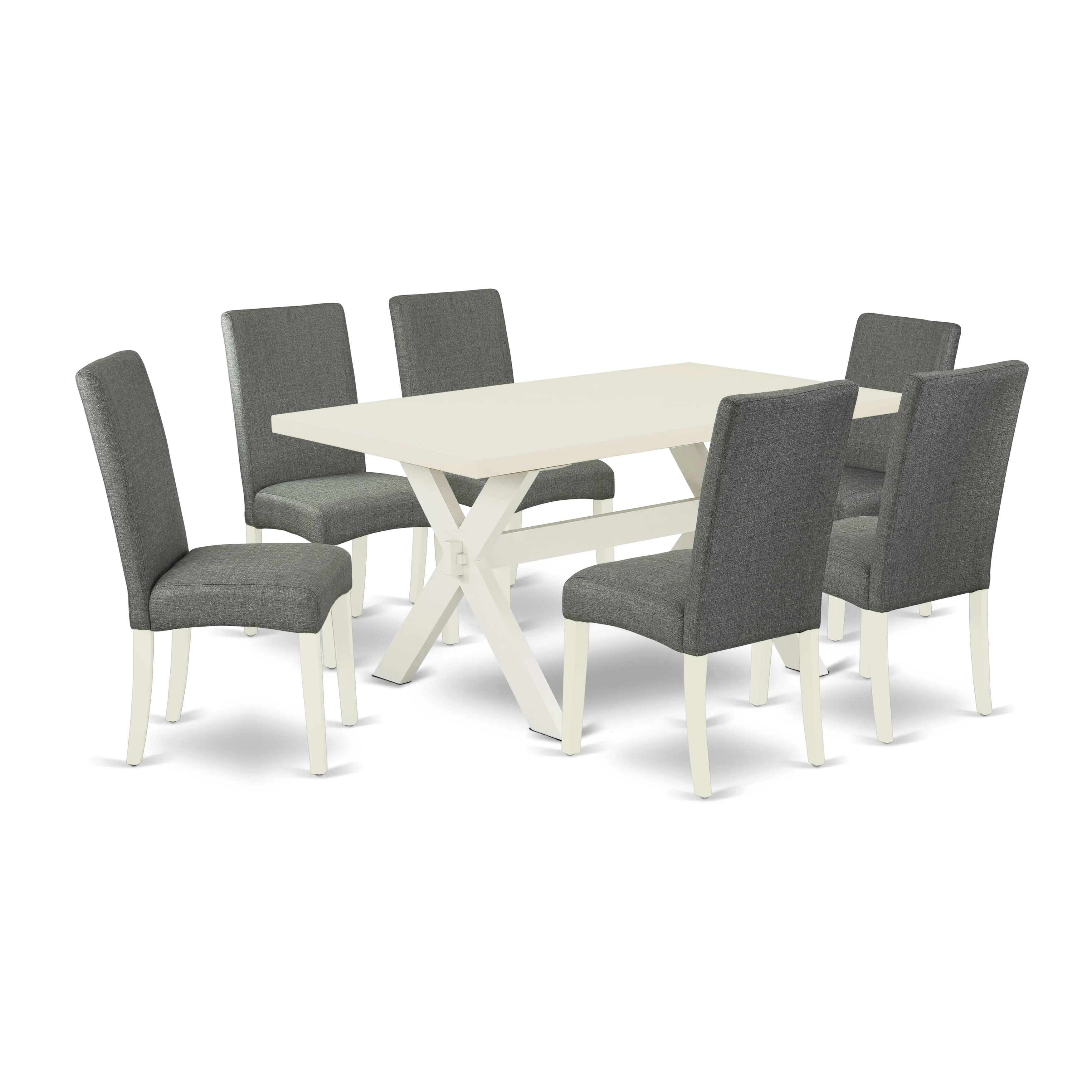 East West Furniture X026DR207-7 7 Piece Modern Dining Table Set Consist of a Rectangle Dining Room Table with X-Legs and 6 Gray Linen Fabric Upholstered Chairs