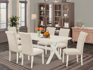 East West Furniture X027BR202-7 7 Piece Kitchen Table Set Consist of a Rectangle Dining Table with X-Legs and 6 Light Beige Linen Fabric Parson Dining Chairs