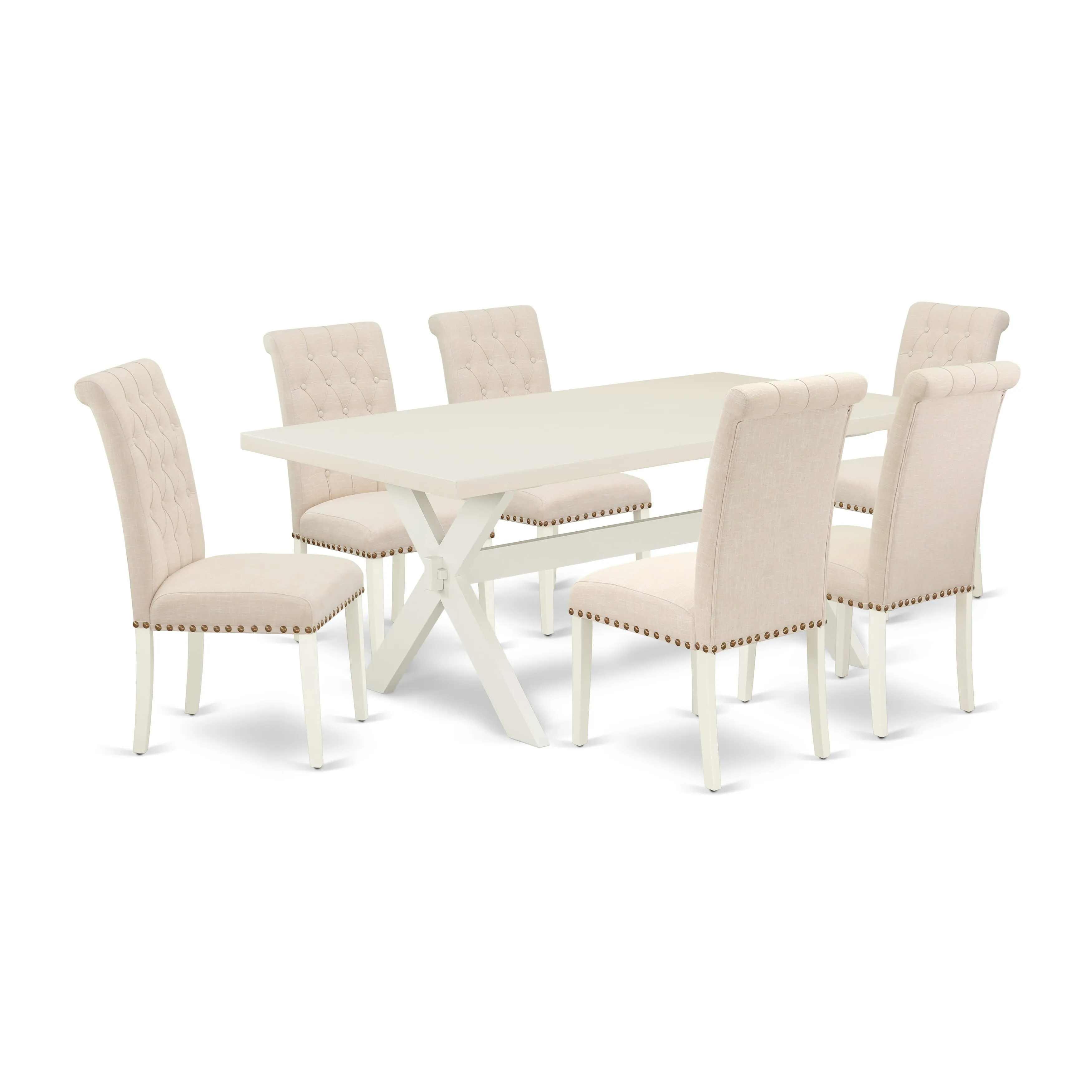 East West Furniture X027BR202-7 7 Piece Kitchen Table Set Consist of a Rectangle Dining Table with X-Legs and 6 Light Beige Linen Fabric Parson Dining Chairs