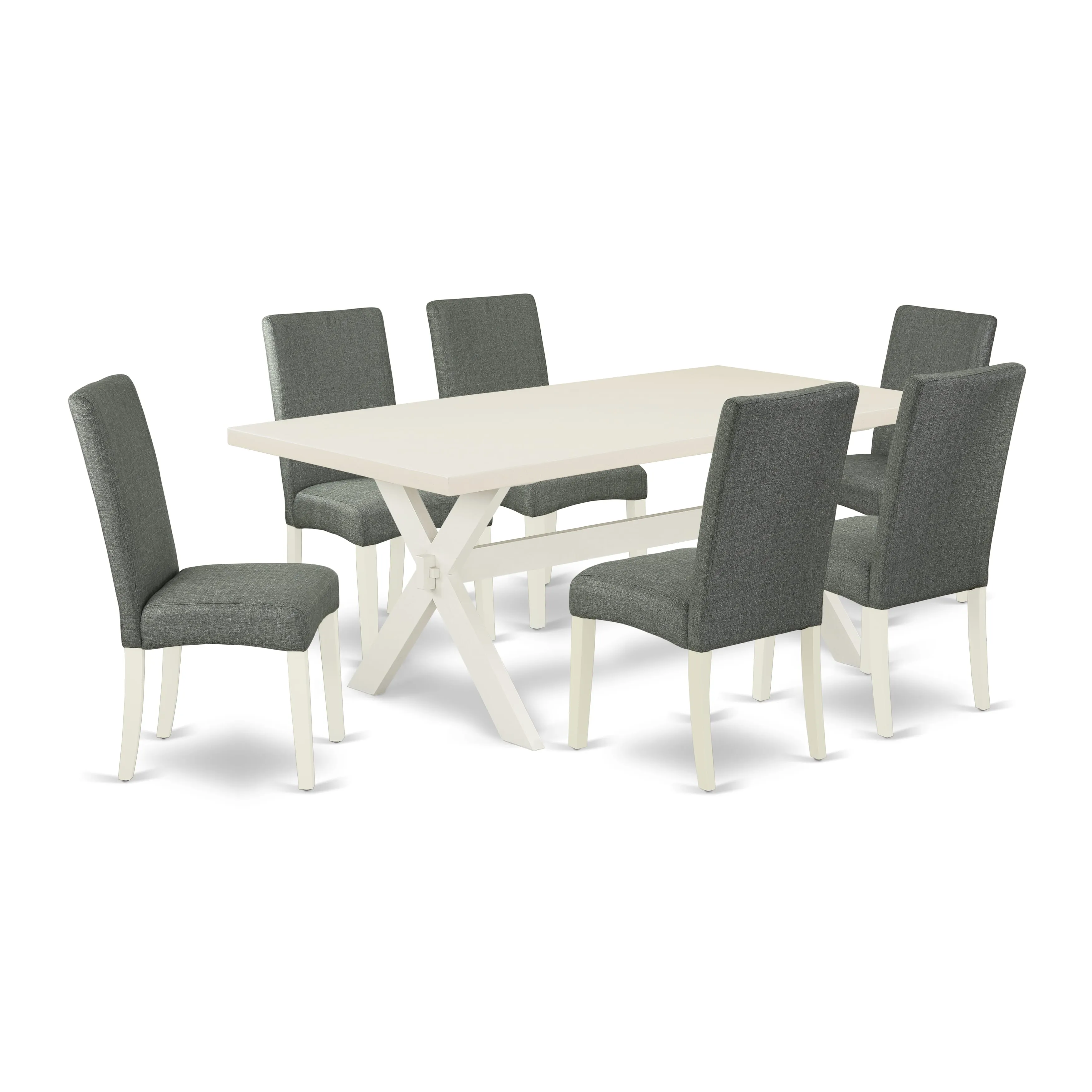 East West Furniture X027DR207-7 7 Piece Modern Dining Table Set Consist of a Rectangle Dining Room Table with X-Legs and 6 Gray Linen Fabric Parsons Chairs