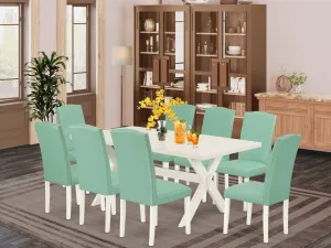 East West Furniture X027EN257-9 9 Piece Modern Dining Table Set Includes a Rectangle Wooden Table with X-Legs and 8 Pond Faux Leather Upholstered Chairs