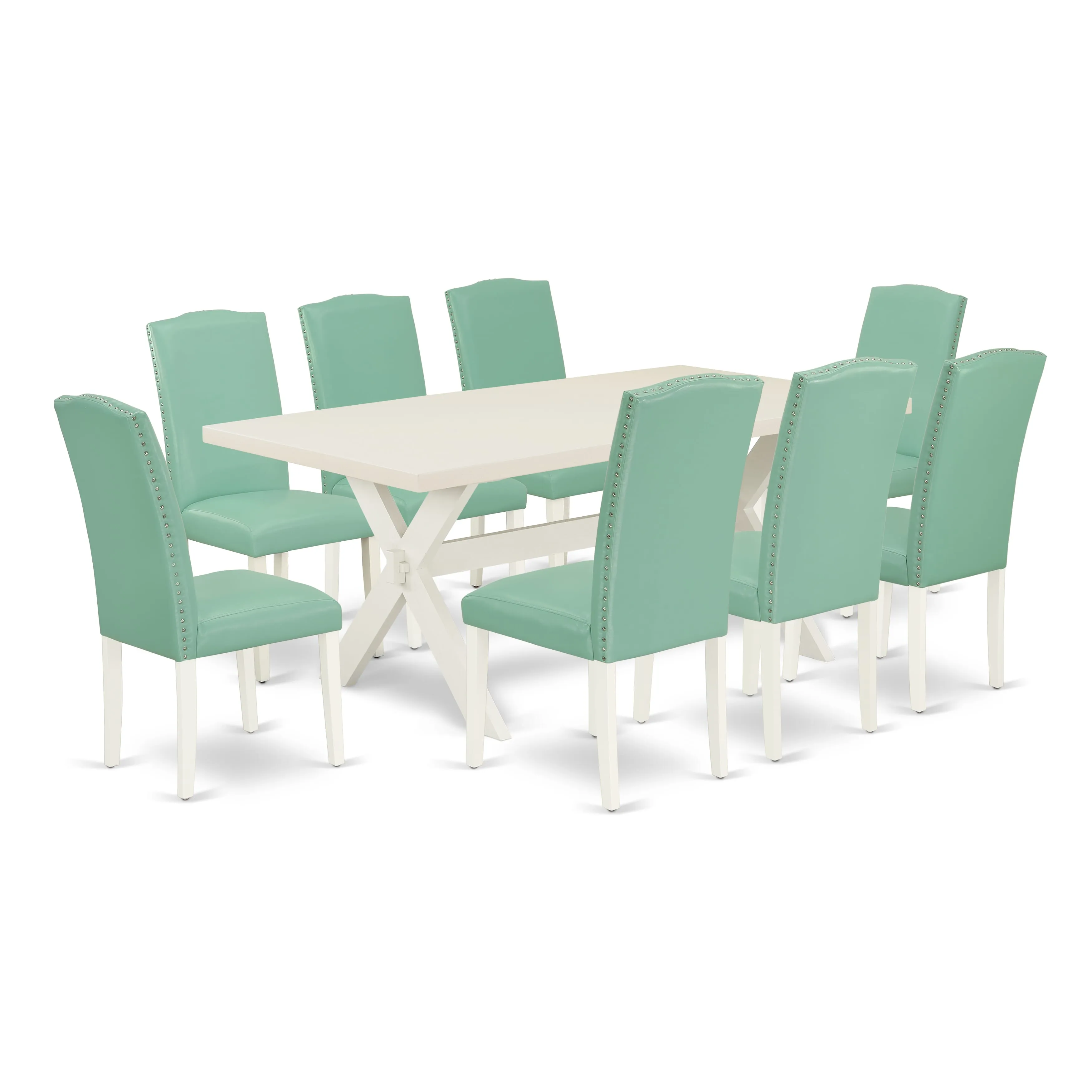 East West Furniture X027EN257-9 9 Piece Modern Dining Table Set Includes a Rectangle Wooden Table with X-Legs and 8 Pond Faux Leather Upholstered Chairs