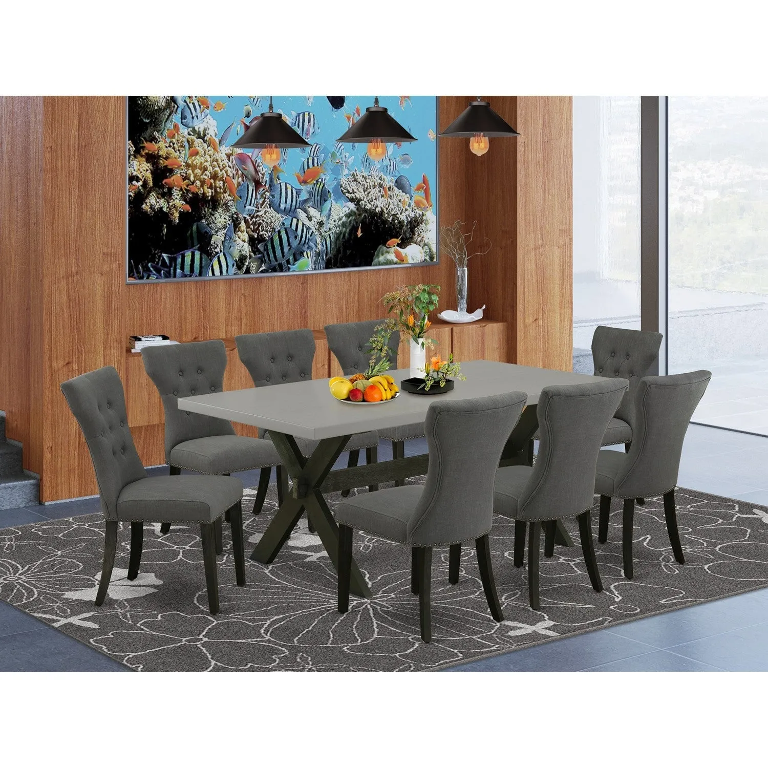 East West Furniture X697GA650-9 9 Piece Dining Room Set Includes a Rectangle Kitchen Table with X-Legs and 8 Dark Gotham Linen Fabric Upholstered Parson Chairs, 40x72 Inch, Multi-Color