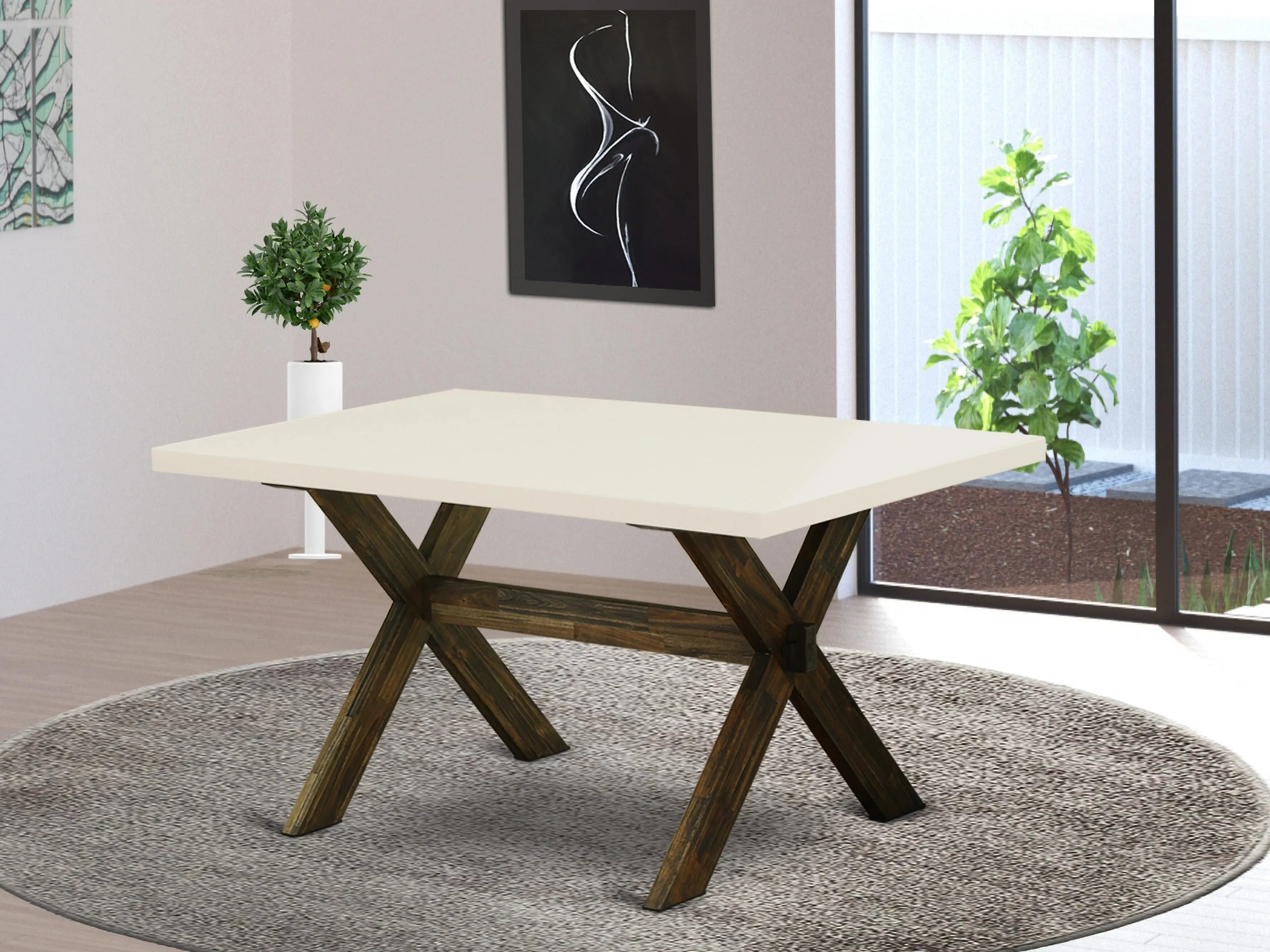 East West Furniture X726EL718-7 7 Piece Dining Set Consist of a Rectangle Dining Room Table with X-Legs and 6 Brown Linen Linen Fabric Upholstered Chairs