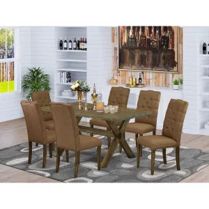East West Furniture X776EL718-7 7 Piece Dining Table Set Consist of a Rectangle Kitchen Table with X-Legs and 6 Brown Linen Linen Fabric Parson Dining Chairs, 36x60 Inch, Multi-Color