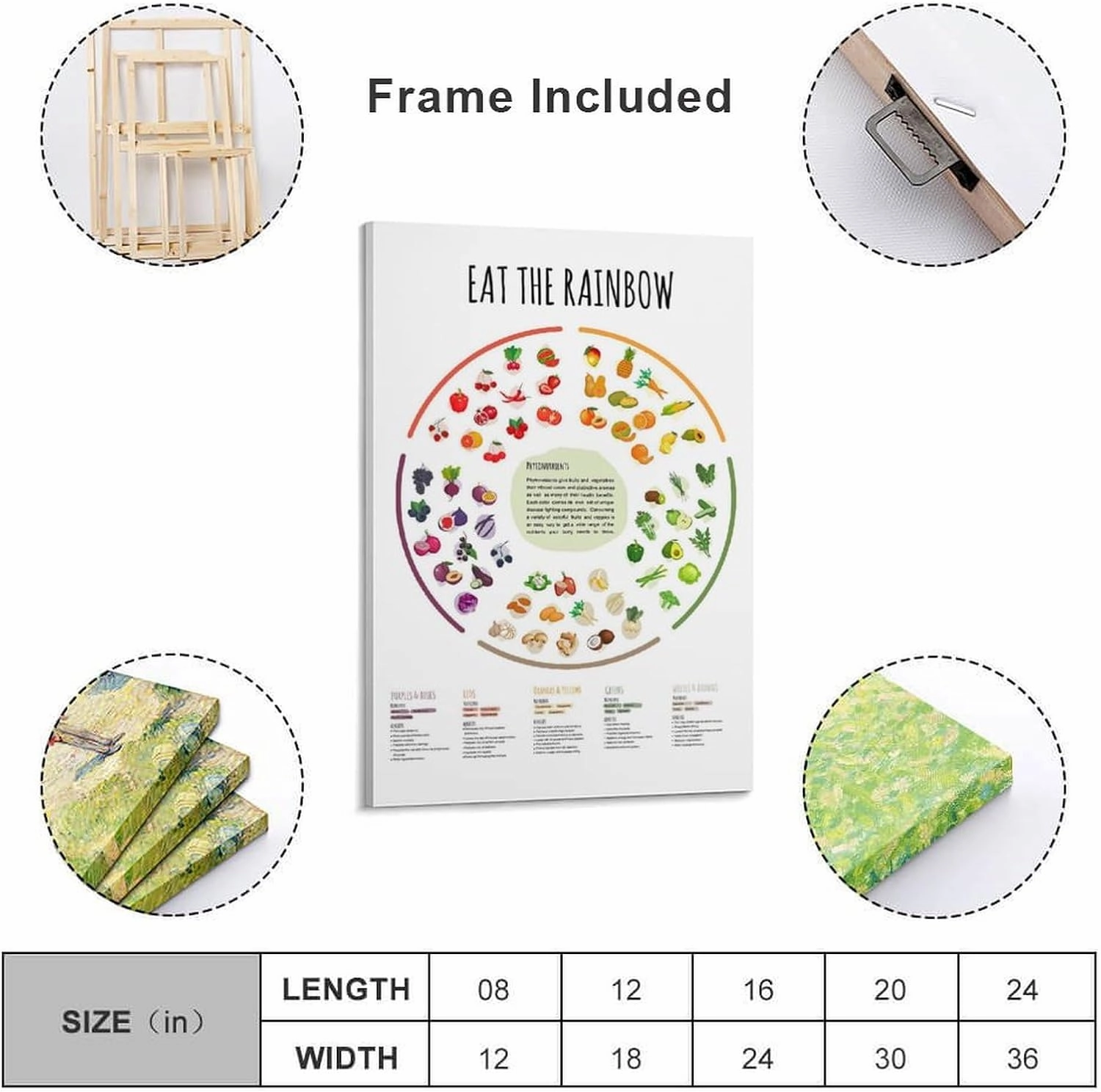 Eat A Rainbow Healthy Food Poser, Vitamin Vegan Food Sources Functions Rainbow Wheel Chart Healthcare Poster Canvas Poster Wall Art Decor Print Picture Paintings for Living Room Bedroom Decoration 0