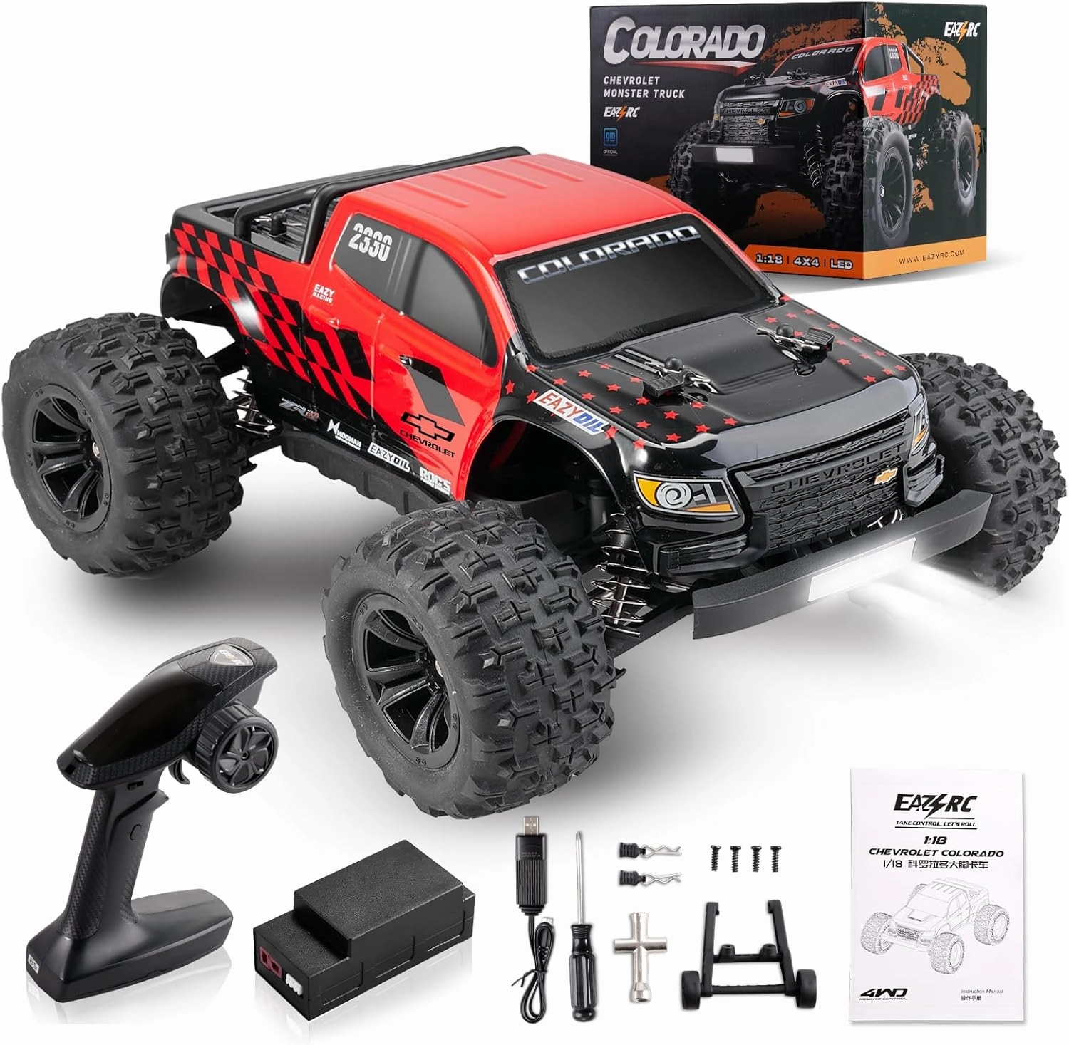 EAZYRC Brushless Fast RC Cars for Adults, 1/18 Chevrolet Colorado 4X4 Offroad RC Truck, RTR High Speed Remote Control Car, 45 km/h Speed Hobby Electric RC Monster Trucks with 2S Battery, Red