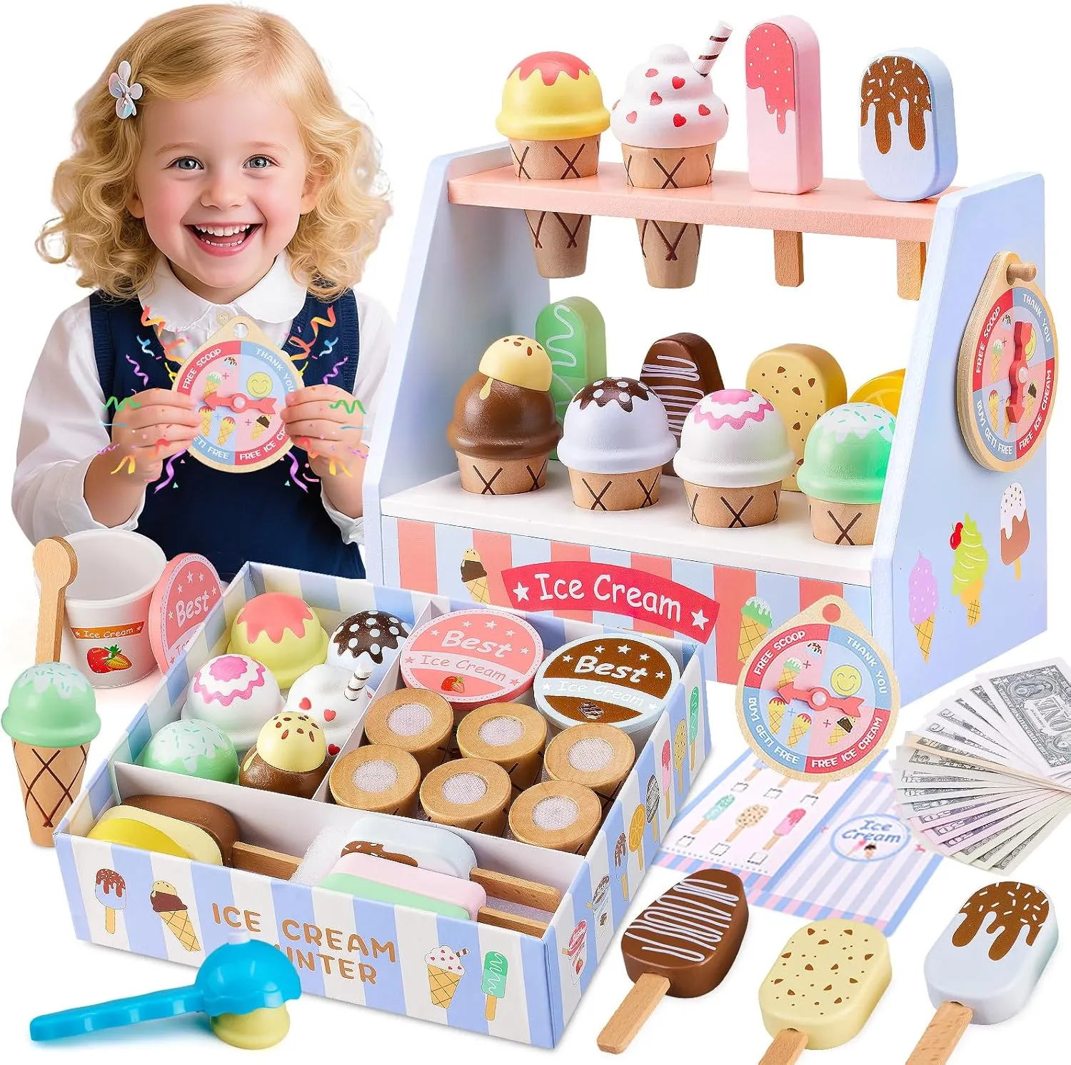 Ehome Wooden Ice Cream Toys Set Pretend Play Food Store for Kids Serve Ice Cream Counter Shop Kitchen Playset with Lucky Wheel, Scoop, Menu, Fake Money for Boys and Girls Ages 3 4 5 6