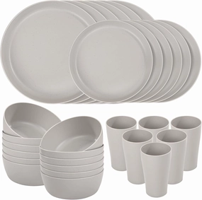 EI 24pcs Grey Wheat Straw Dinnerware Set of 6,Reuasble Unbreakable Dinner Plates,Wheat Plates and Bowls Sets for Camping,Picninc,Family Dinner