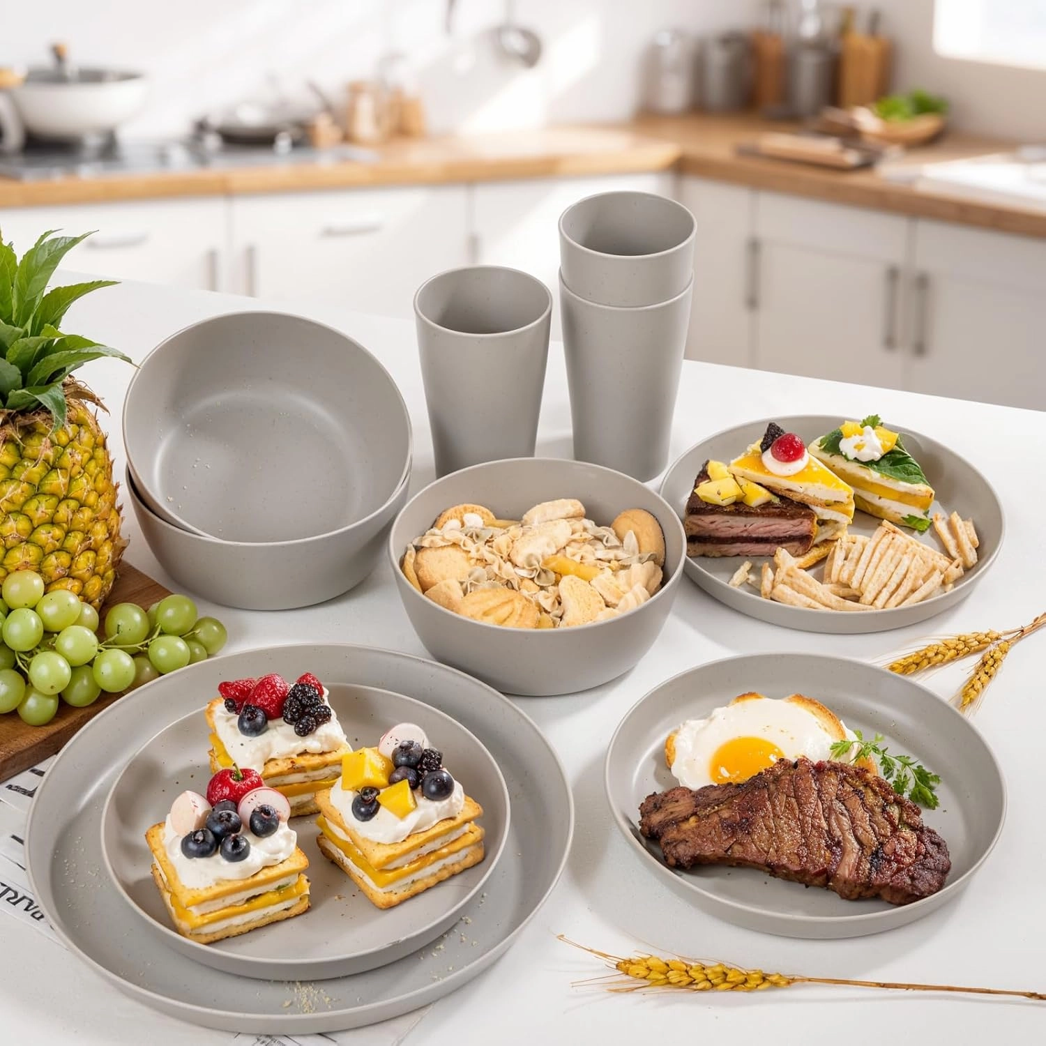 EI 24pcs Grey Wheat Straw Dinnerware Set of 6,Reuasble Unbreakable Dinner Plates,Wheat Plates and Bowls Sets for Camping,Picninc,Family Dinner