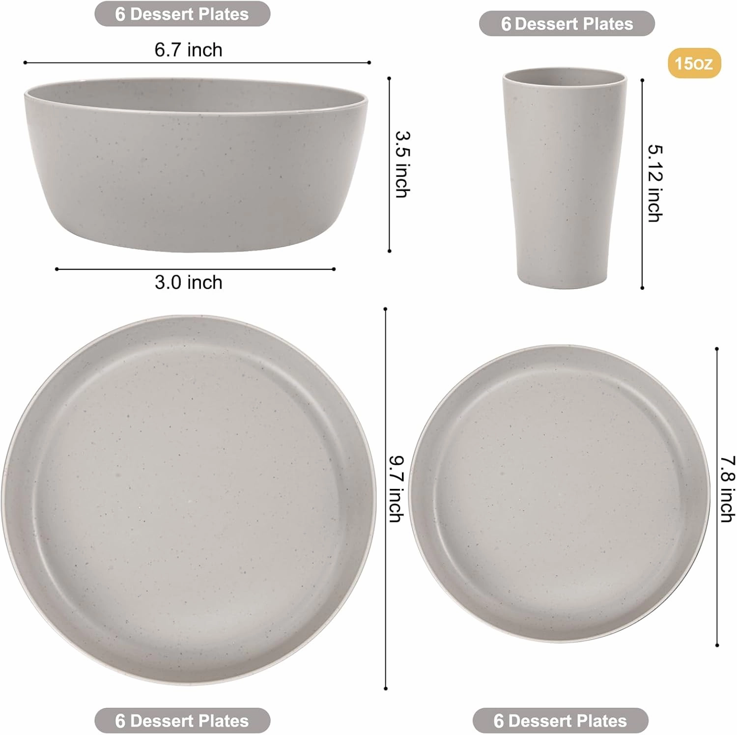 EI 24pcs Grey Wheat Straw Dinnerware Set of 6,Reuasble Unbreakable Dinner Plates,Wheat Plates and Bowls Sets for Camping,Picninc,Family Dinner