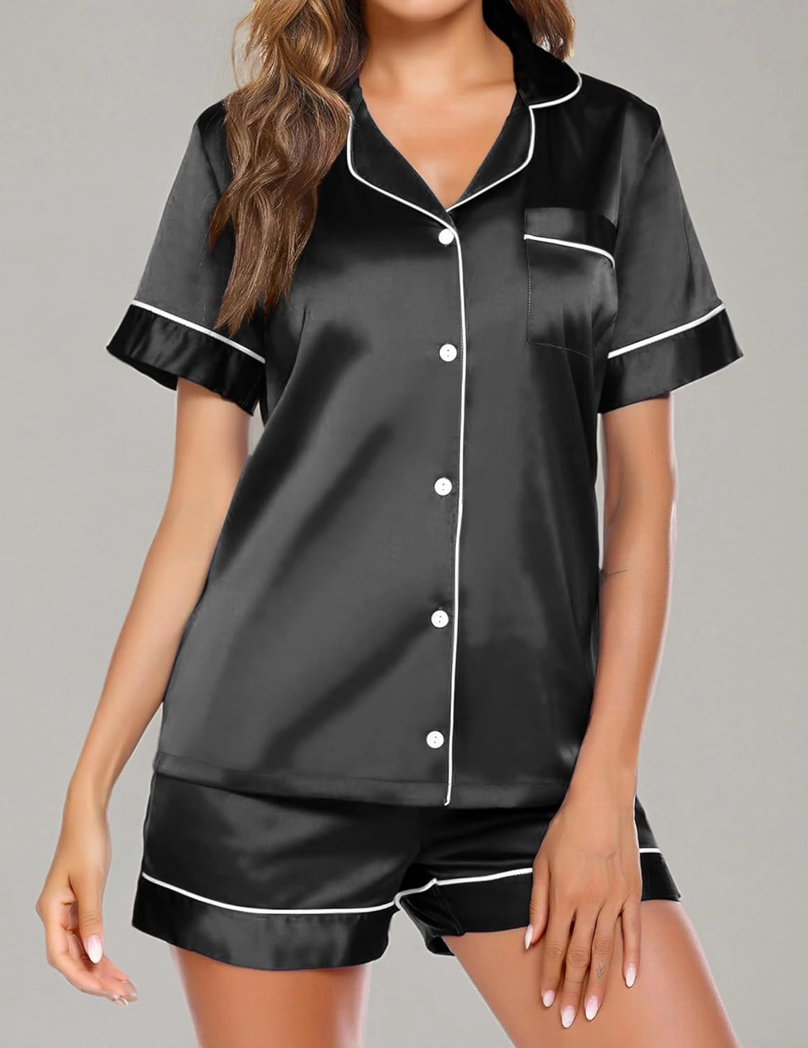 Ekouaer Satin Pajamas for Women Button Down Sleepwear Soft Silk Loungewear Short Sleeve Top and Shorts Pjs S-XXL