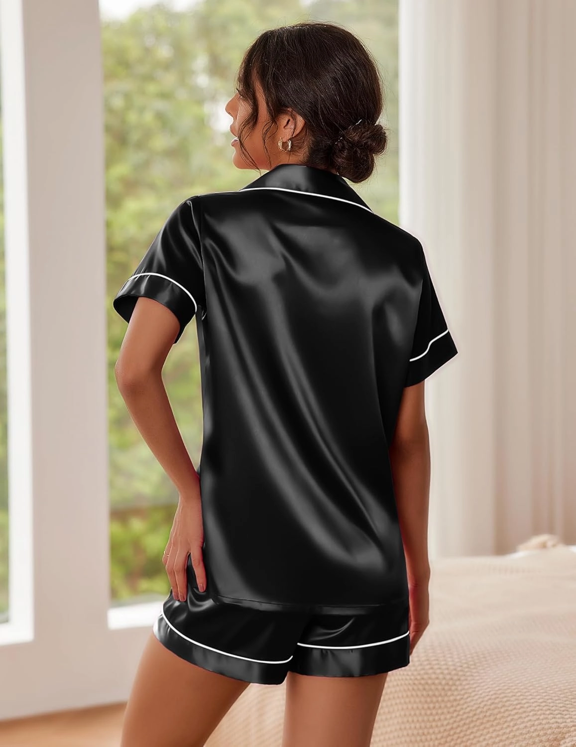 Ekouaer Satin Pajamas for Women Button Down Sleepwear Soft Silk Loungewear Short Sleeve Top and Shorts Pjs S-XXL