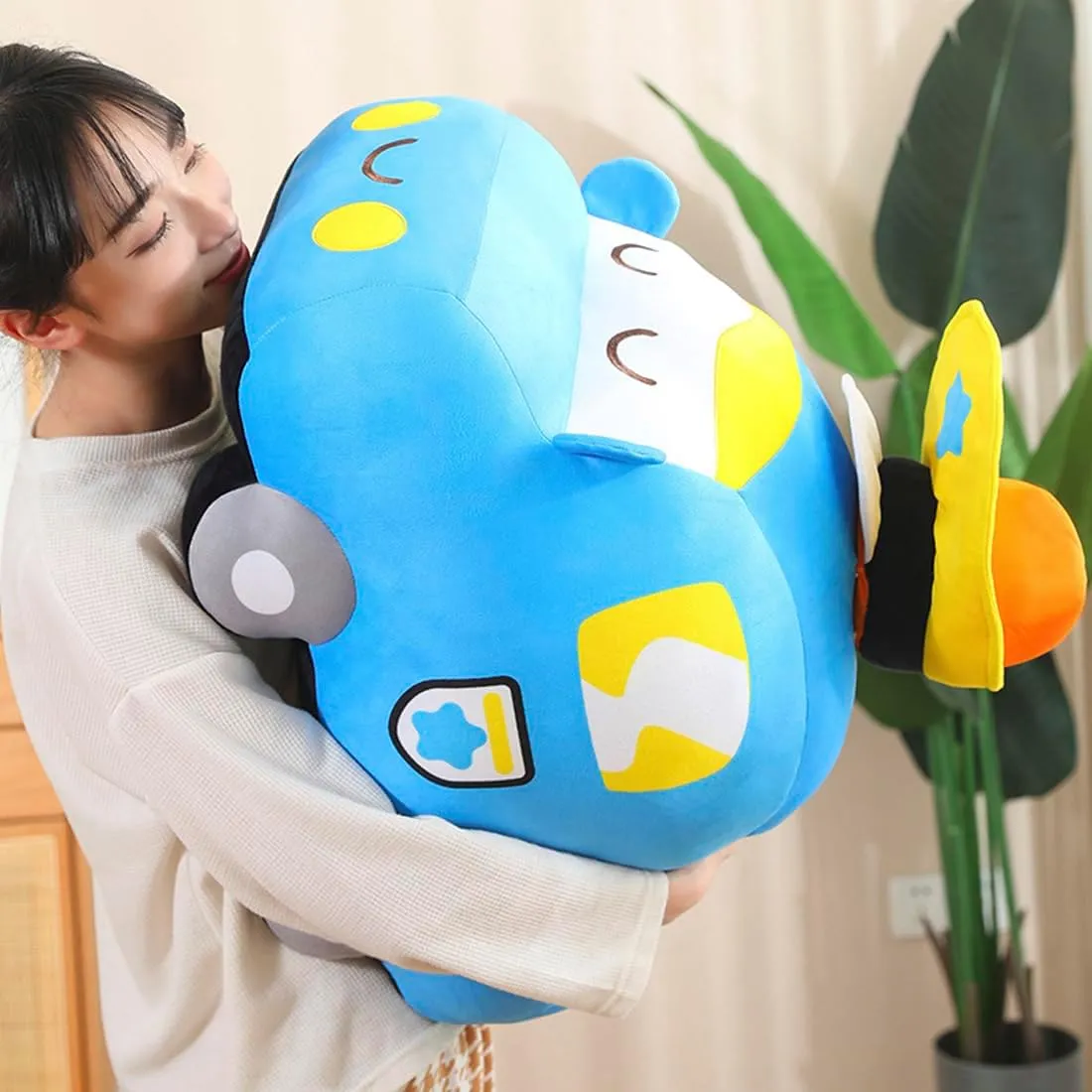 ELAINREN Ultra-Soft Police Car Plush Pillow Cartoon Stuffed Police Truck Toy Blue Police Car Plushie Soft Auto Van Gifts/13.7''