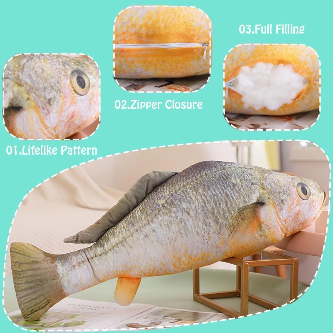 ELAINREN 3D Lifelike Fish Shape Plush Pillow Soft Big Carp Stuffed Toy Cushion, 80cm Giant Simulation Goldfish Plushie Decor Pillow Creative Gifts