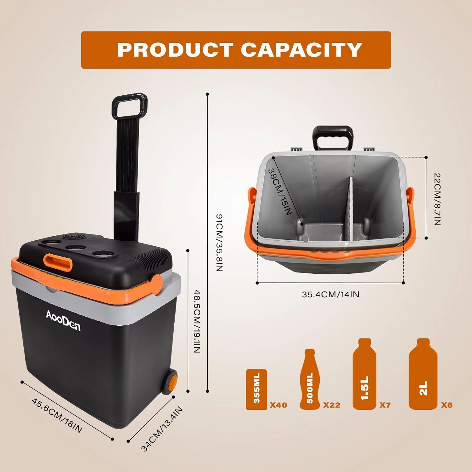 Electric Car cooler and Warmer 35 Quart(33 Liter) Capacity with draw bar and wheels, Thermoelectric Iceless Cooler for Travel, Camping, Vehicles, Truck, Home - 12V/24V DC and 120V AC