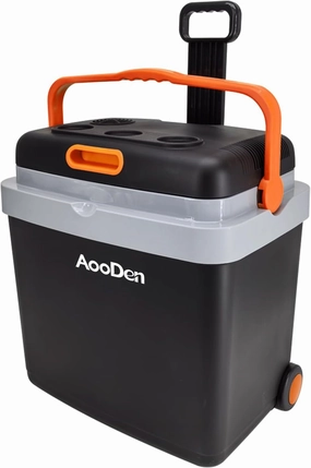 Electric Car cooler and Warmer 35 Quart(33 Liter) Capacity with draw bar and wheels, Thermoelectric Iceless Cooler for Travel, Camping, Vehicles, Truck, Home - 12V/24V DC and 120V AC