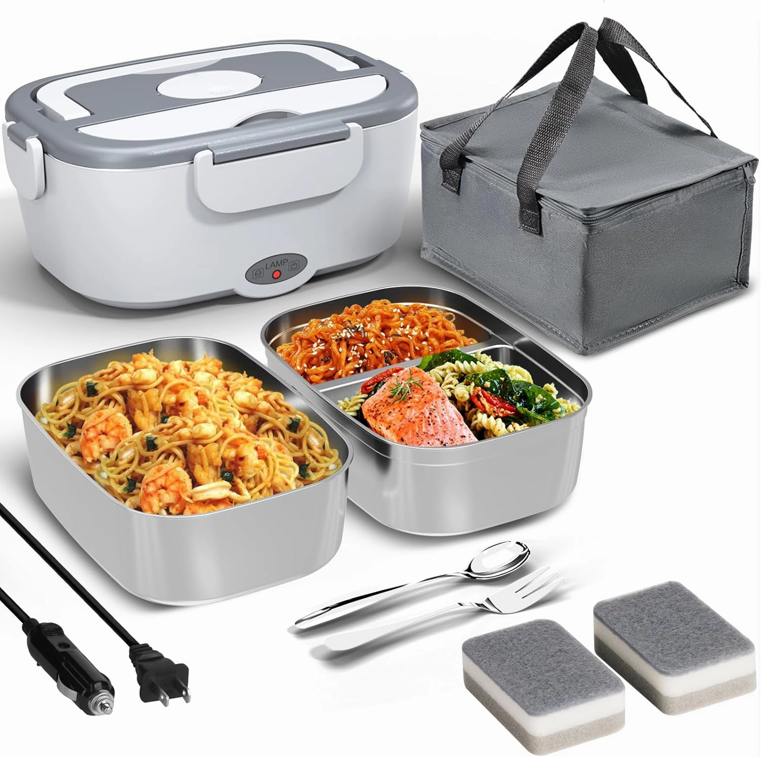 Electric Heated Lunch Box for Men, 1.5 Liters Portable Food Warmer for Adults with 2 Stainless Steel Containers 80 W Self Heating lunch Box for Car Truck lonchera eléctrica portátil