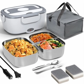 Electric Heated Lunch Box for Men, 1.5 Liters Portable Food Warmer for Adults with 2 Stainless Steel Containers 80 W Self Heating lunch Box for Car Truck lonchera eléctrica portátil