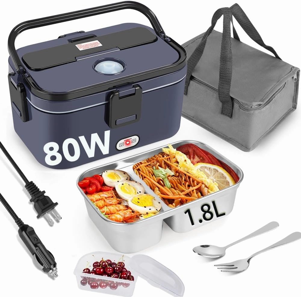 Electric Lunch Box 80W for Adults, 1.8L Lunch Warmer with 2 Compartments for Truck/Car/Work, Fast Portable Heated Lunch Box Food Warmer Heater 12/24/110V, Lonchera Eléctrica Portátil