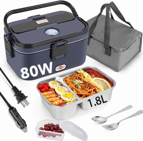 Electric Lunch Box 80W for Adults, 1.8L Lunch Warmer with 2 Compartments for Truck/Car/Work, Fast Portable Heated Lunch Box Food Warmer Heater 12/24/110V, Lonchera Eléctrica Portátil