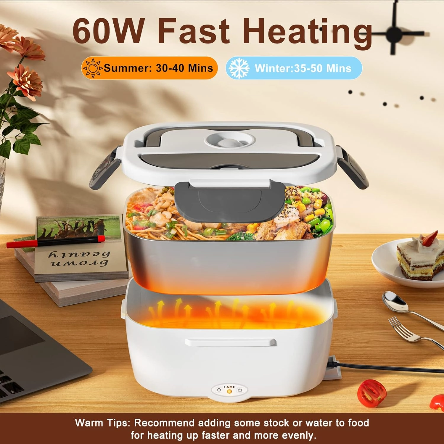 Electric Lunch Box for Adults, 80W/1.5L Heated Lunch Box for Men Work Car Truck, Portable Food Warmer Lunch Box Upgraded with Fork&Spoon and Insulated Carry Bag, 12V/24V/110V
