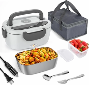 Electric Lunch Box for Adults, 80W/1.5L Heated Lunch Box for Men Work Car Truck, Portable Food Warmer Lunch Box Upgraded with Fork&Spoon and Insulated Carry Bag, 12V/24V/110V
