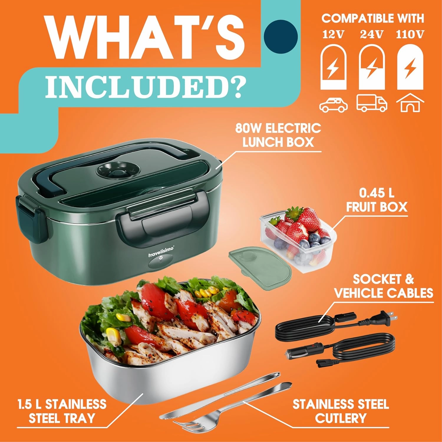 Electric Lunch Box For Adults, 80W Heated Lunch Box 1.5L Stainless Steel Heatable Lunchbox For Men, 12/24/110V Portable Food Warmer For Car Truck Work, Loncheras Para Hombres De Trabajo