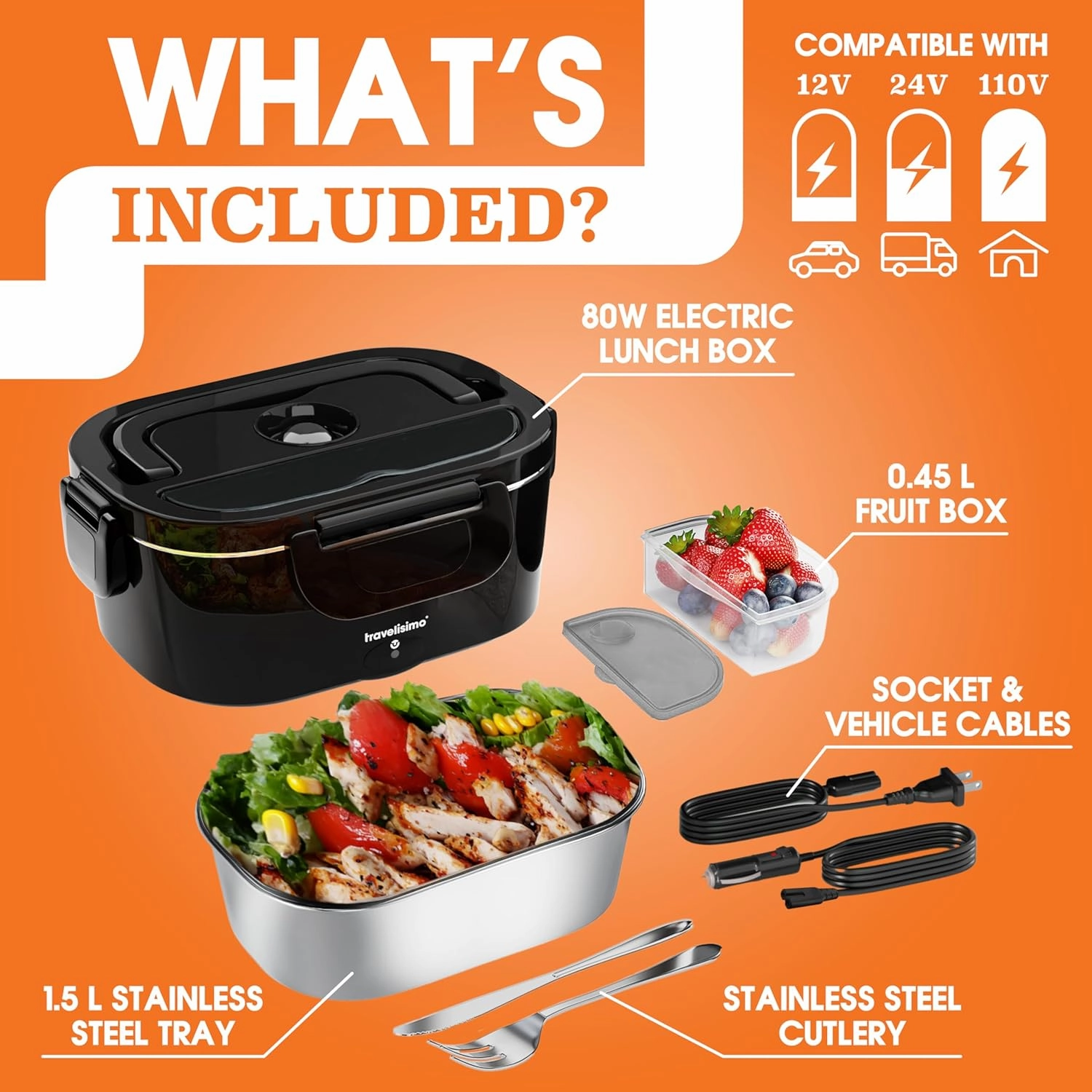 Electric Lunch Box For Adults, 80W Heated Lunch Box 1.5L Stainless Steel Heatable Lunchbox For Men, 12/24/110V Portable Food Warmer For Car Truck Work, Loncheras Para Hombres De Trabajo
