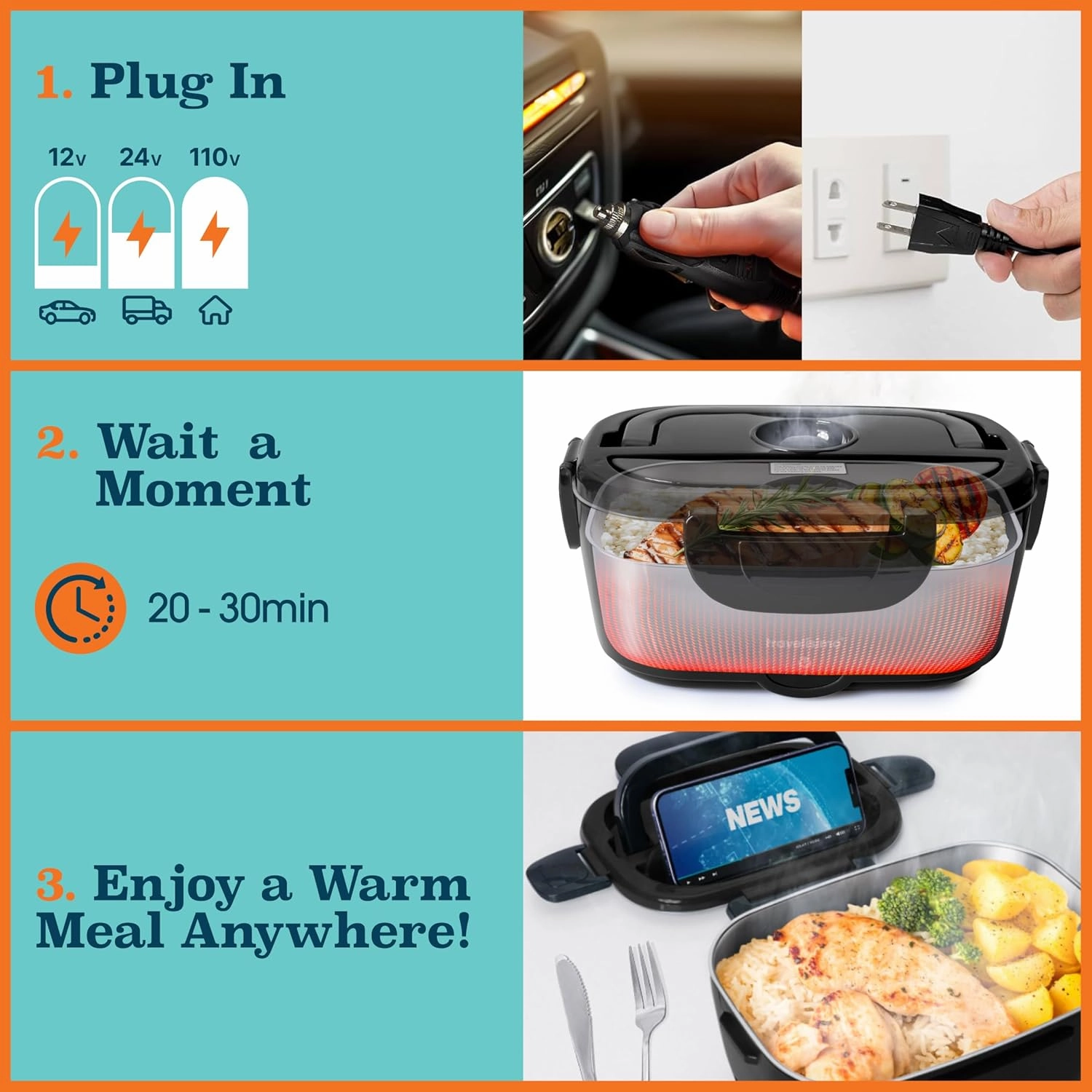Electric Lunch Box For Adults, 80W Heated Lunch Box for Men 1.5L Stainless Steel, Portable Food Warmer for Car Truck Work, 12/24/110V, Loncheras Para Hombres De Trabajo, Heatable Lunchbox