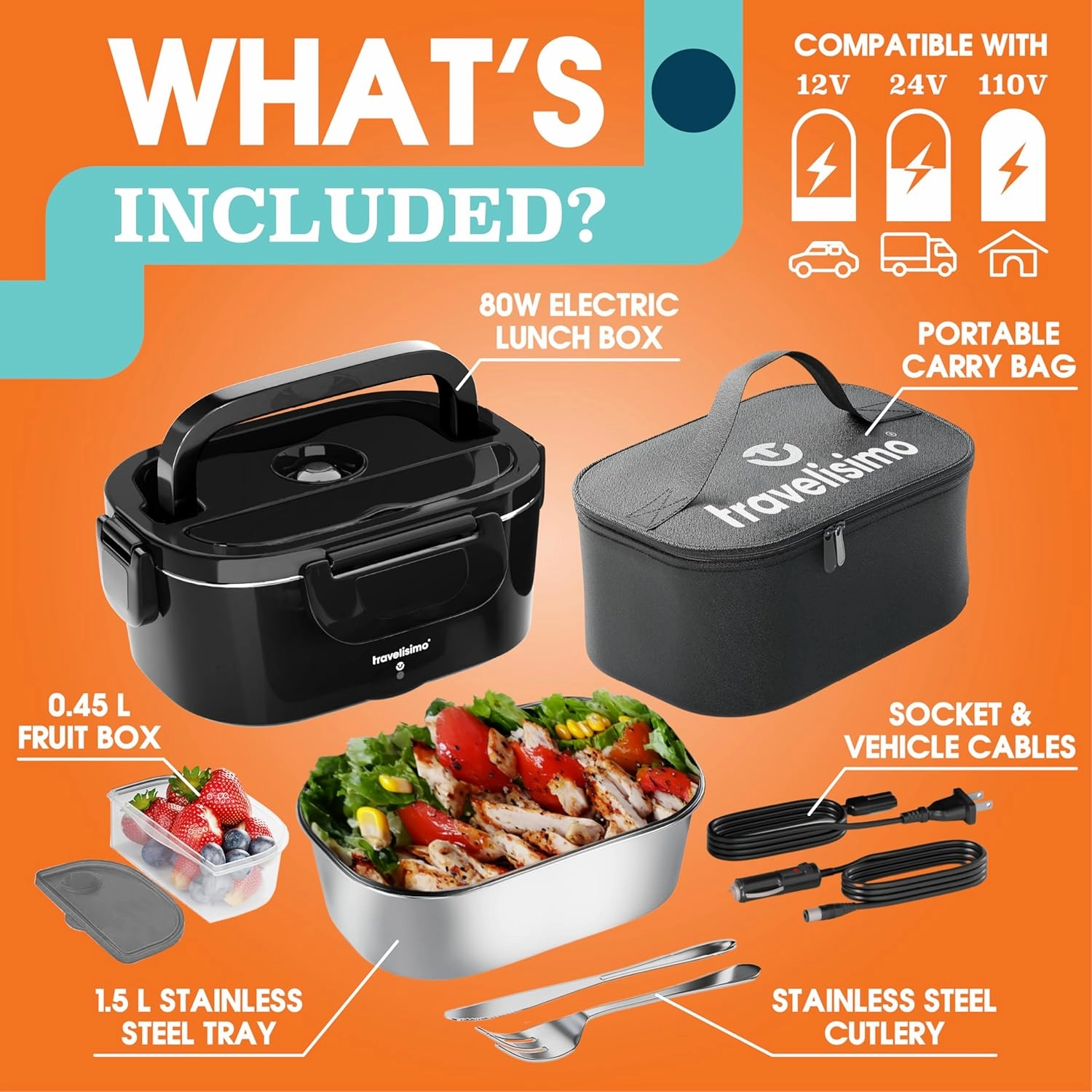 Electric Lunch Box For Adults, 80W Heated Lunch Box for Men 1.5L Stainless Steel, Portable Food Warmer for Car Truck Work, 12/24/110V, Loncheras Para Hombres De Trabajo, Heatable Lunchbox