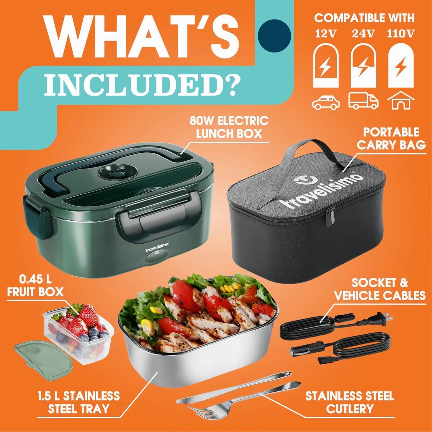 Electric Lunch Box For Adults, 80W Heated Lunch Box for Men 1.5L Stainless Steel, Portable Food Warmer for Car Truck Work, 12/24/110V, Loncheras Para Hombres De Trabajo, Heatable Lunchbox