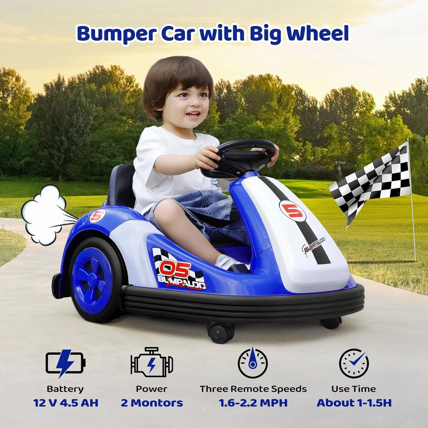 ELEMARA 12V Kids Bumper Car with Big Wheel, 2.2 Mph Max, Toddler Bumper Cars with Remote, Baby Bumping Toy Car with DIY Stickers,360 Degree-Spin, Music, Bluetooth,LED Lights, Blue