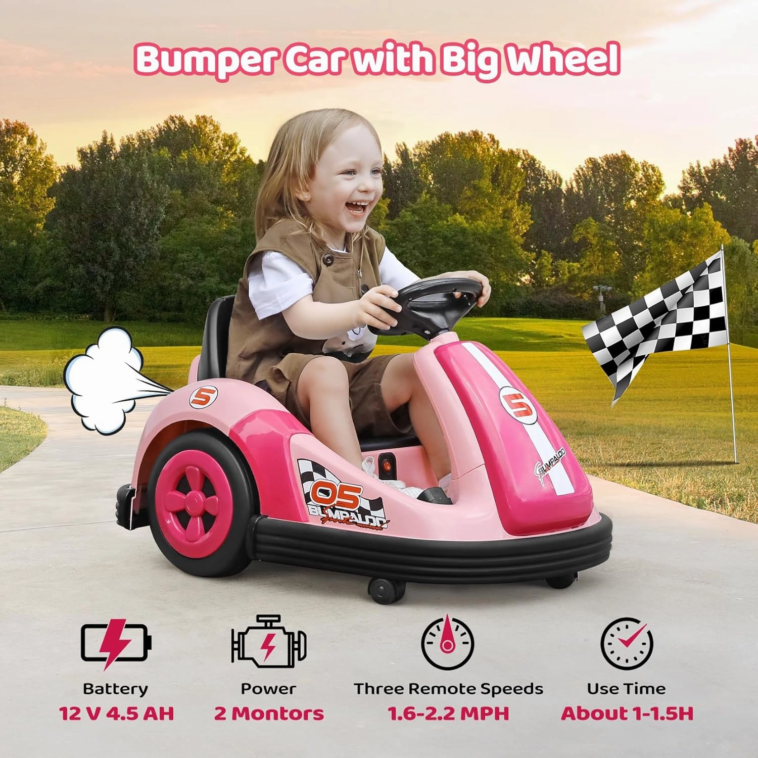 ELEMARA Toddler Bumper Car with Big Wheels, 2.2 Mph, Ride On Toys for Toddlers with DIY Stickers, 12v Electric Bumper Cars for Kids with Bluetooth,LED Light,Music for Indoor Outdoor,Peach Pink