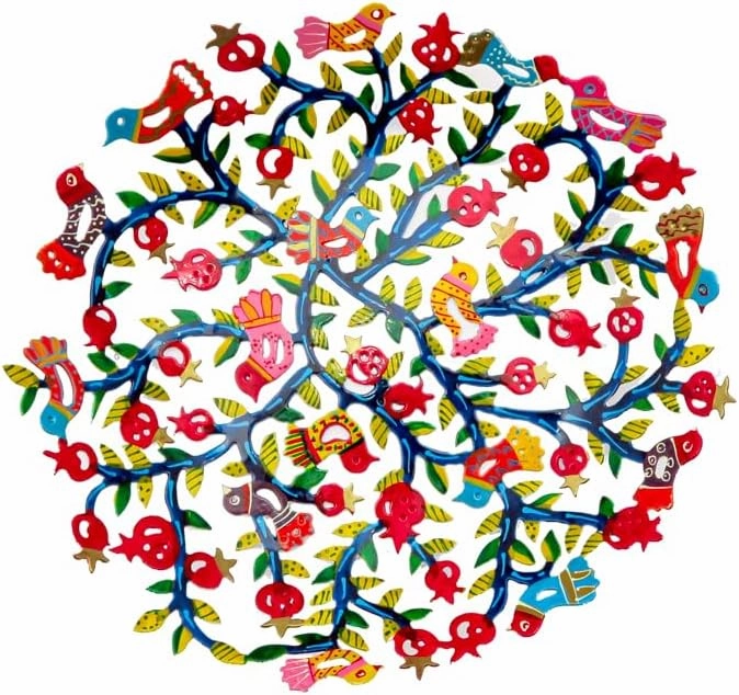 Emanuel Yair Decorative Metal Fruit Bowl | Vibrant Hand Painted Bowl | Hangable Centerpiece for Home Decor and Gifting | Judaica Art (10 inch, Pomegranate Tree)