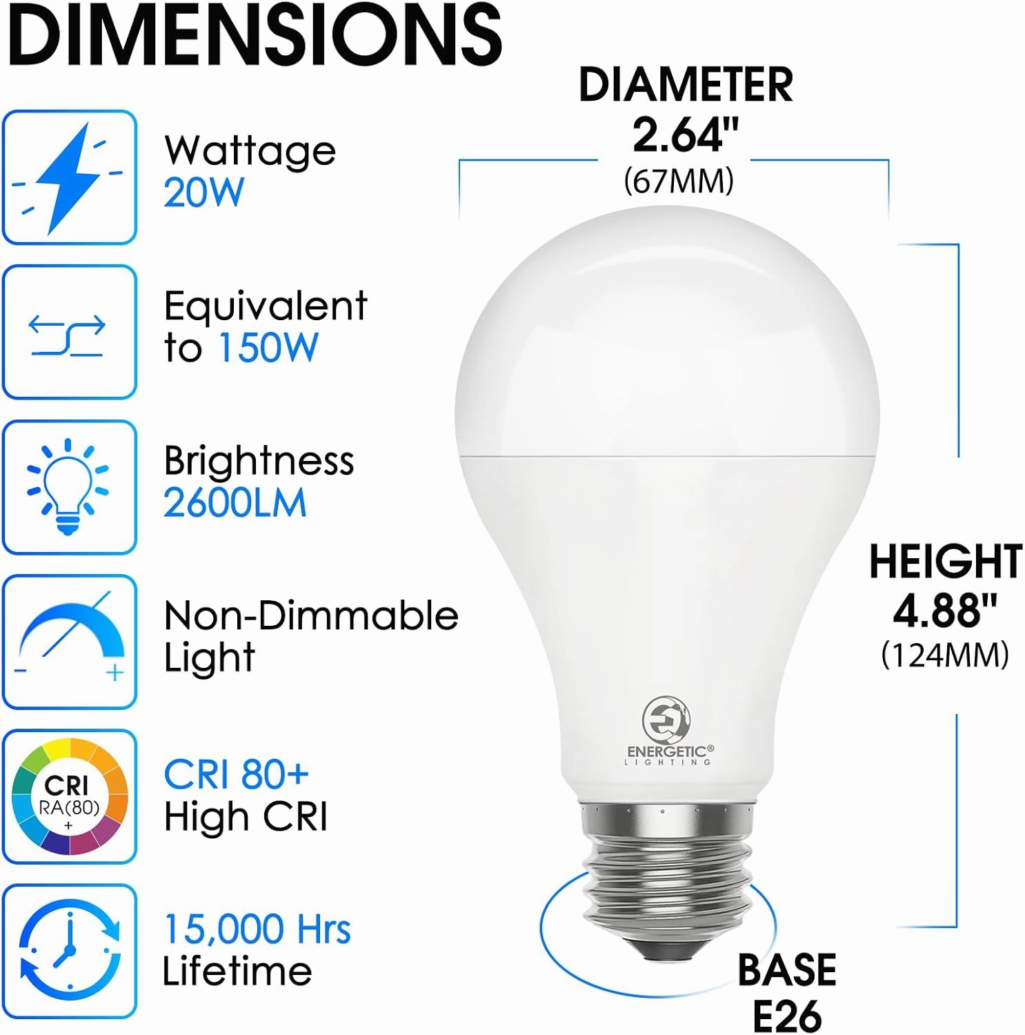 Energetic 6 Pack 150 Watt Light Bulb, 2600LM Super Bright, A21 LED Bulb, Daylight 5000K, High Lumens LED Bulb, Non-Dimmable, E26 Standard Base, Damp Rated, UL Listed