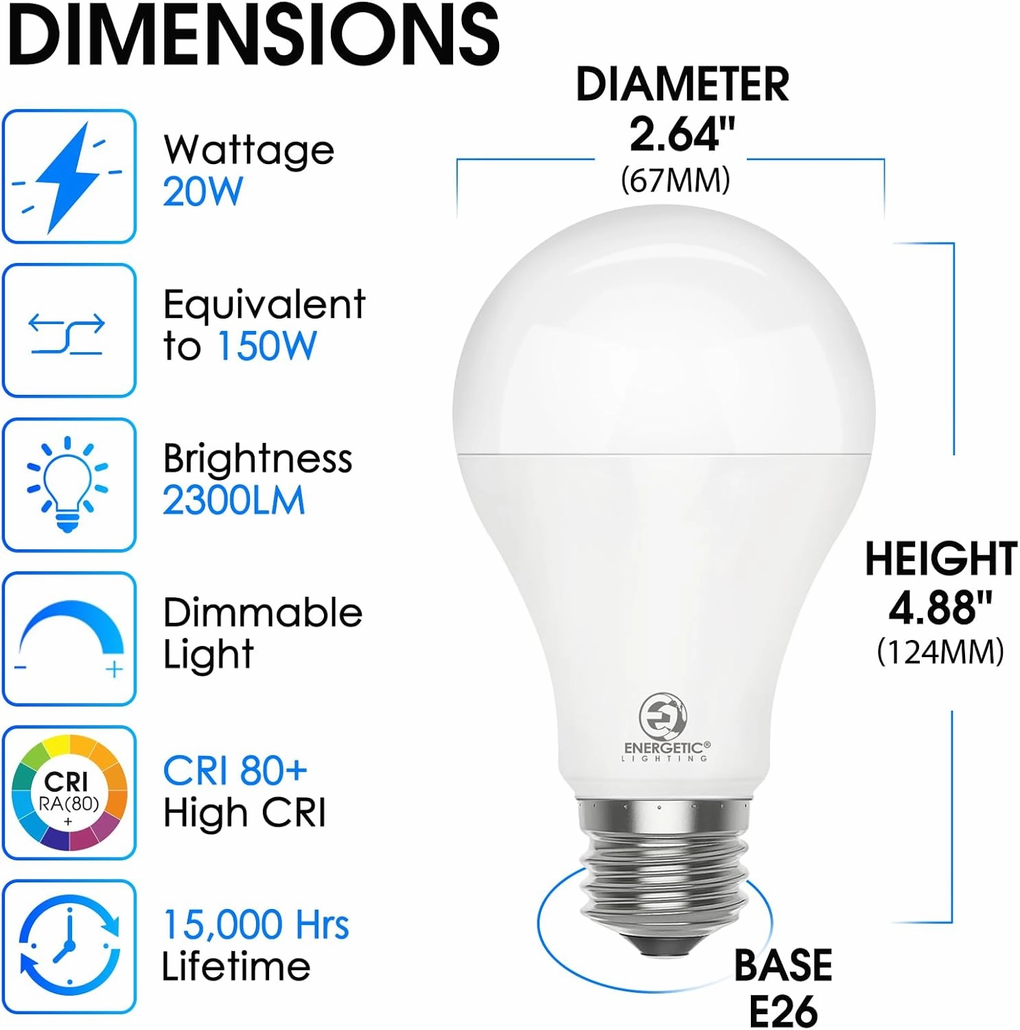 Energetic Dimmable A21 LED Bulb, 150 Watt Equivalent, Super Bright Light Bulb, Warm White 3000K, 2300LM, Brightest LED Bulbs, E26 Standard Base, Damp Rated, ETL Listed, 4-Pack