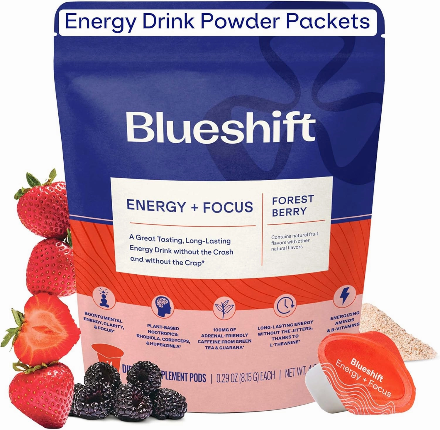 Energy   Focus - Less-Sweet Super Clean Plant-Based Energy Drink for Adults, with Guarana, Green Tea, Rhodiola, Caffeine, B Vitamins for Clarity & Focus, No Sugar - Powder Pods (14 Pack)