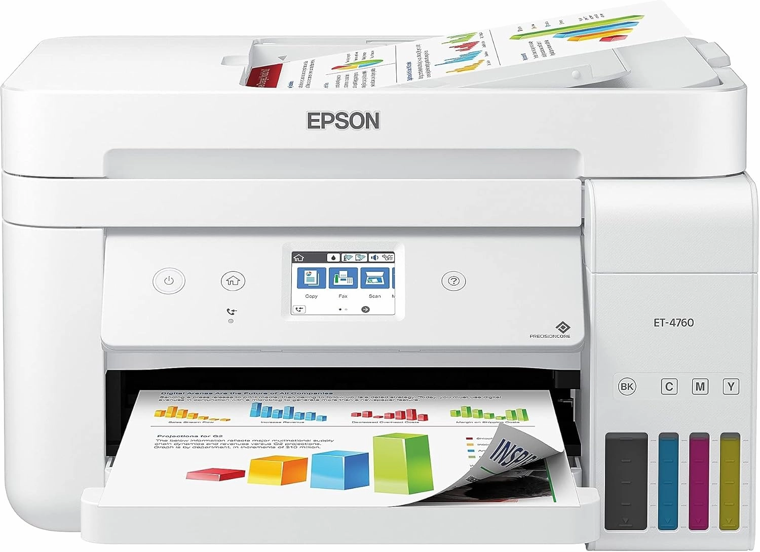 Epson EcoTank ET-4760 Wireless Color All-in-One Cartridge-Free Supertank Printer with Scanner, Copier, Fax, ADF and Ethernet - White, Large (Renewed)