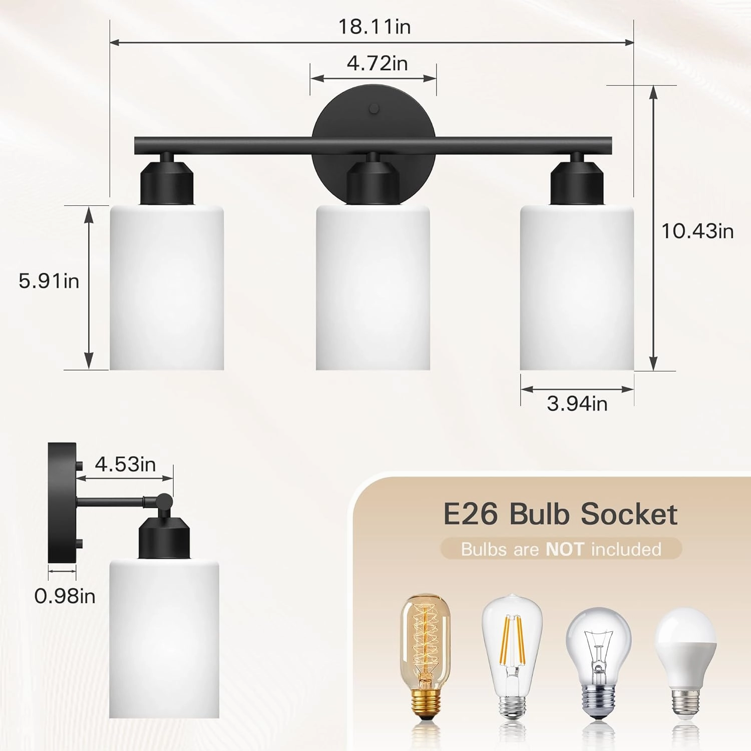 Espird Bathroom Vanity Light Fixtures Matte Black Bathroom Lighting Fixture, 3 Lights Bathroom Light Fixture Over Mirror, Modern Vanity Light, Wall Sconces with Milky White Glass Shades