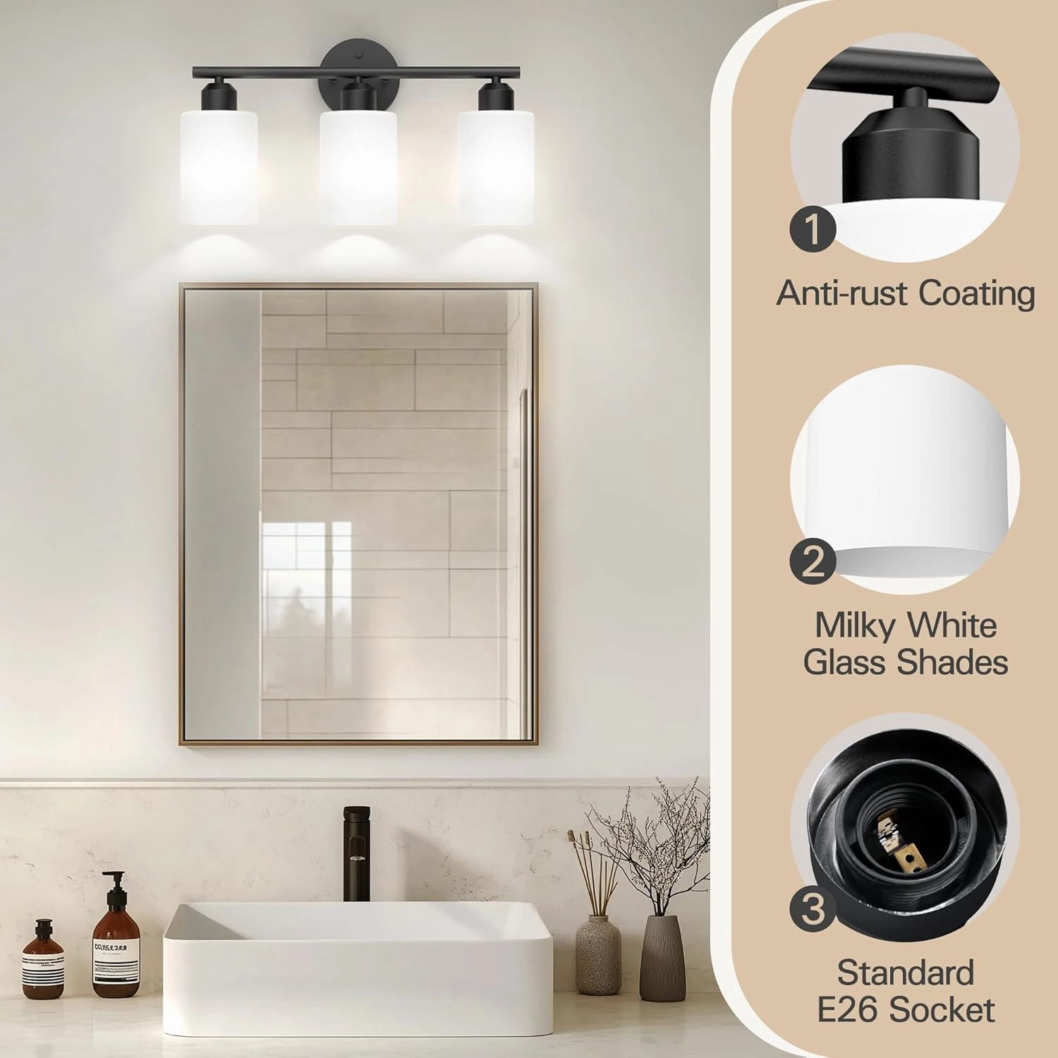 Espird Bathroom Vanity Light Fixtures Matte Black Bathroom Lighting Fixture, 3 Lights Bathroom Light Fixture Over Mirror, Modern Vanity Light, Wall Sconces with Milky White Glass Shades